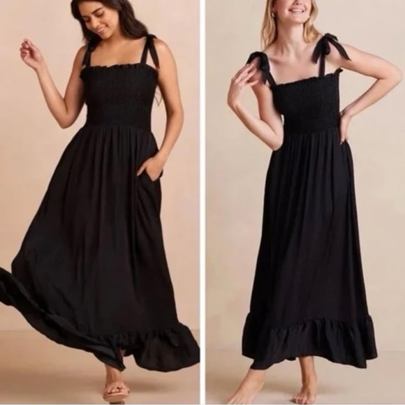 summersalt Dresses & Skirts - Black Smocked Luxe Silky Tie-Shoulder Maxi Dress -